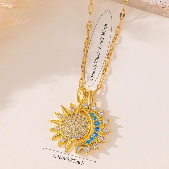 18K Gold Sun & Moon Bohemian Celestial Double Pendant Necklace Pave No Fade - Picture 5 of 5
